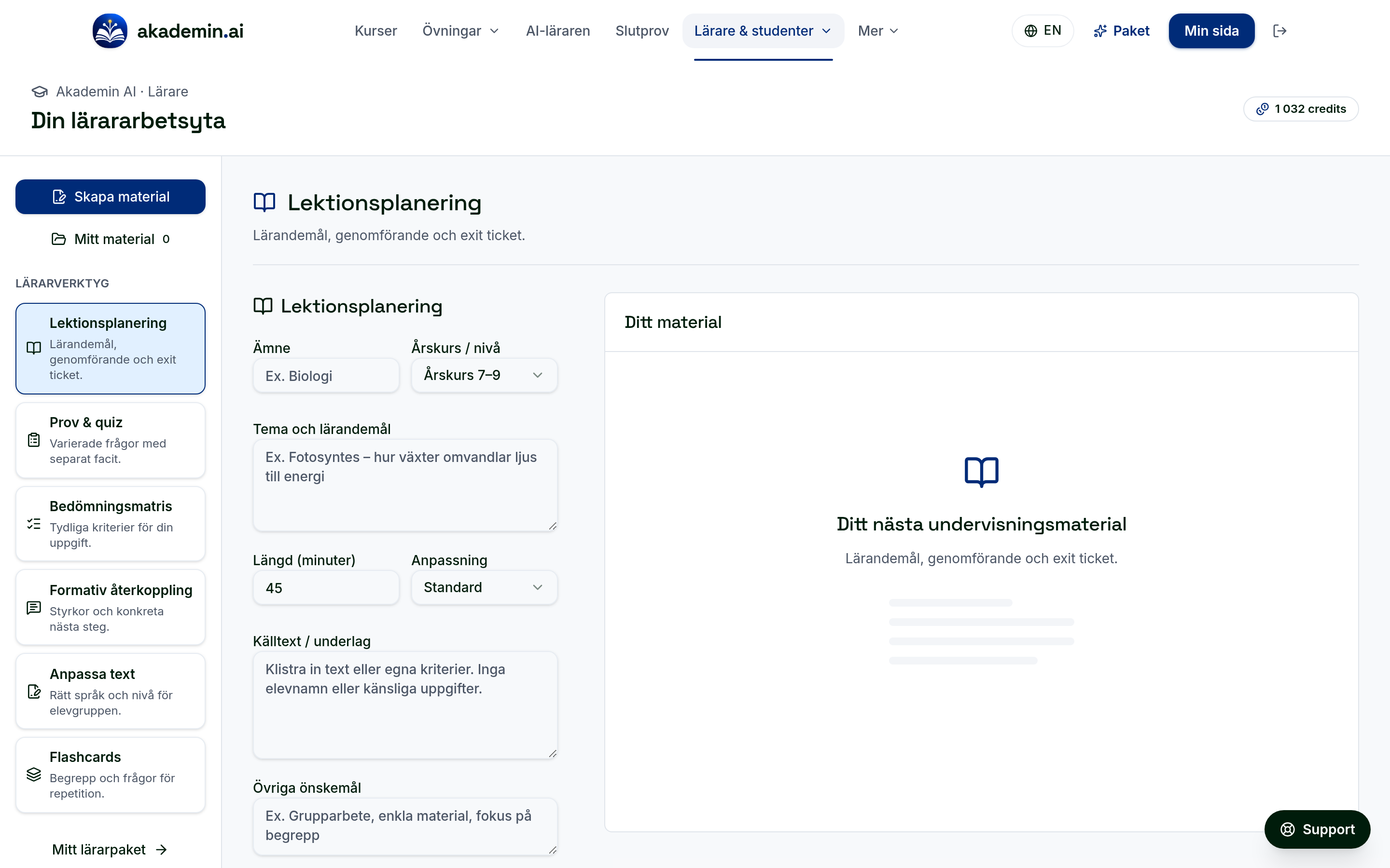 Lärararbetsytan med lektionsplanering, prov, matriser och sparat material